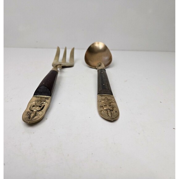 Vintage Large Serving Fork & Spoon Buddha Bronze Brass Rosewood Siam Thailand 10 - Picture 7 of 11